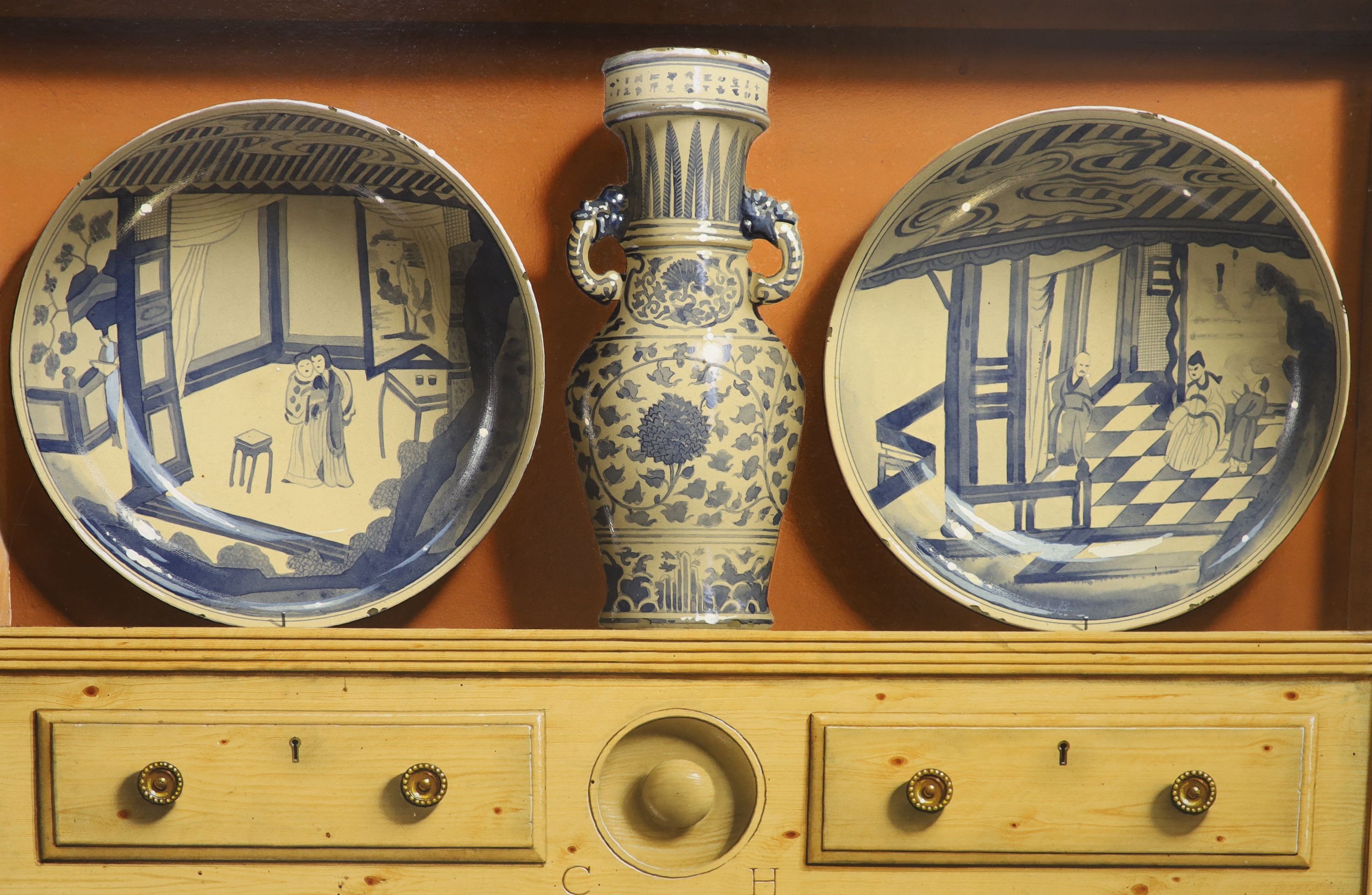 Frederick Clifford Harrison (1901-1984), oil on board, 'Chinese plates and vase from The David Foundation', initialled, 1970 Stacey Mark label verso, 54 x 79cm